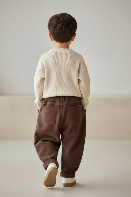 Pantalon Baggy Marron Côtelé Plissé Décontracté Enfant - Cordé - vue 2