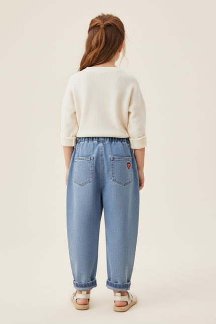 Pantalon Baggy Jean Bleu Brodé Fraises Fille - vue 2