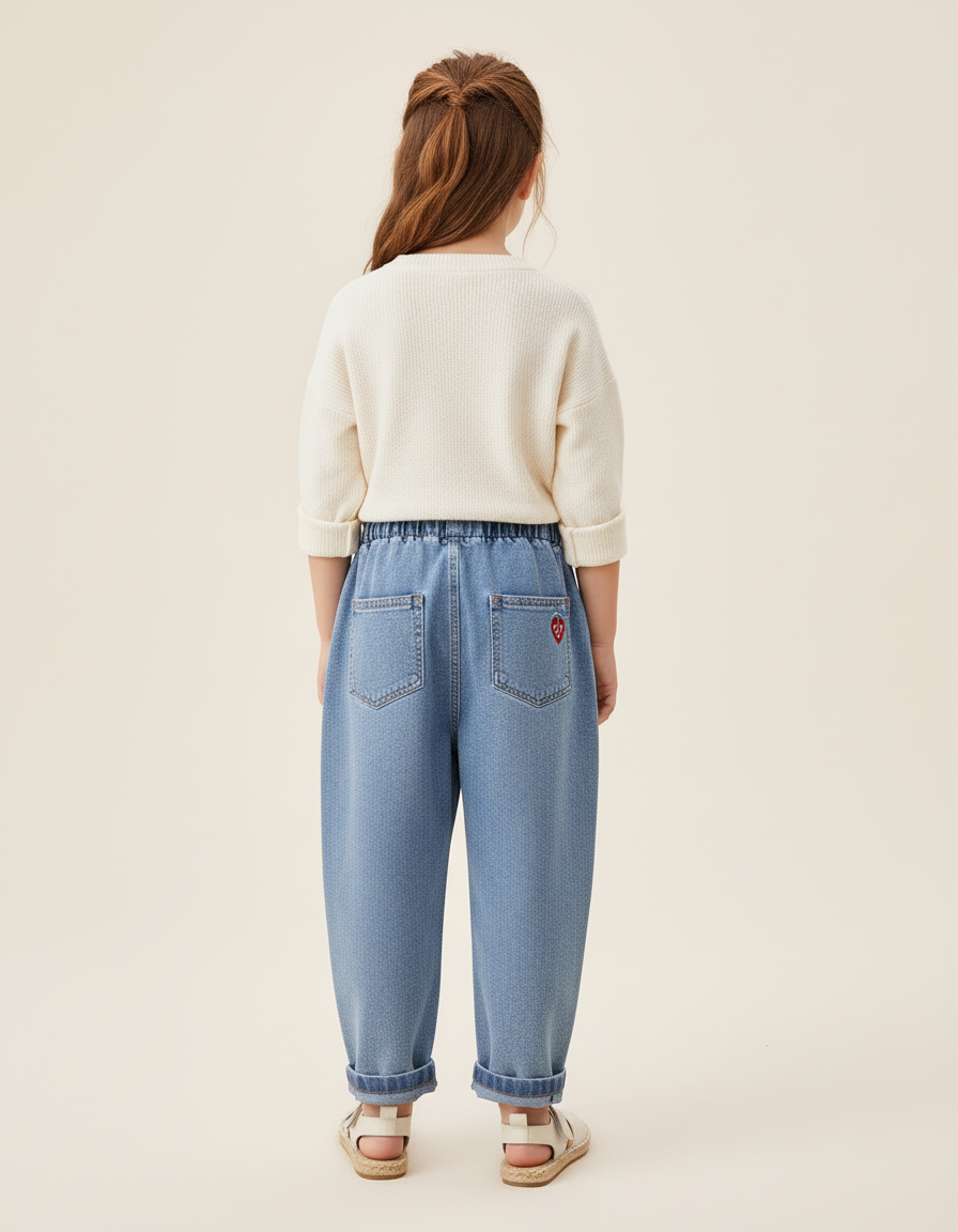 Pantalon Baggy Jean Bleu Brodé Fraises Fille - vue 2
