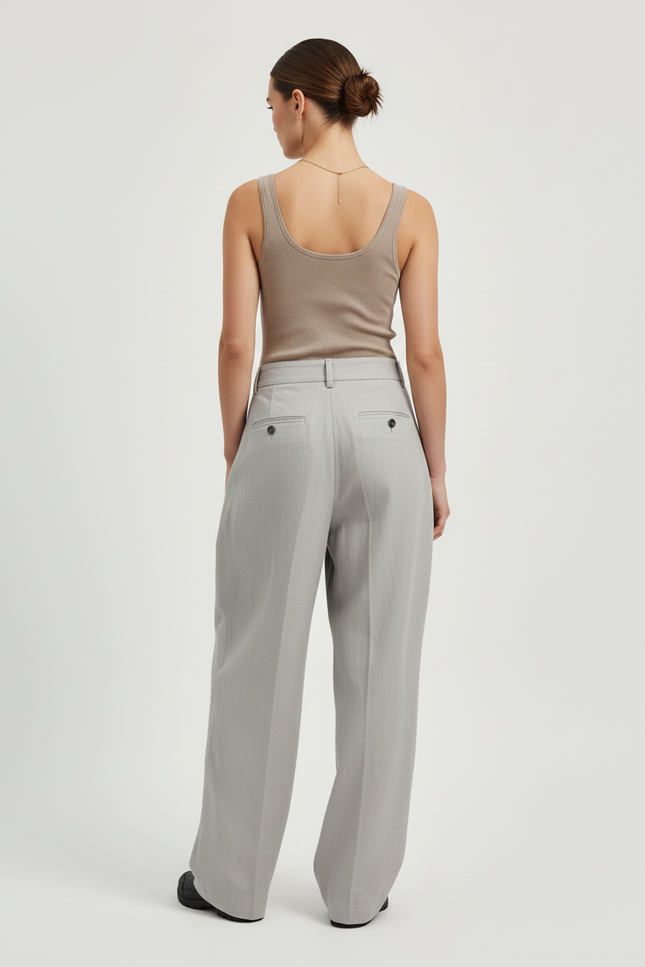 Pantalon Baggy Gris Clair Plissé Large Élégant - Gabardine - vue 2