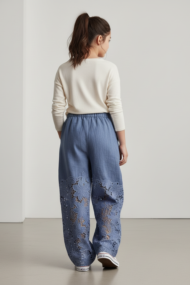 Pantalon Baggy Bleu Jean Dentelle Ample Enfant - Lin - vue 2