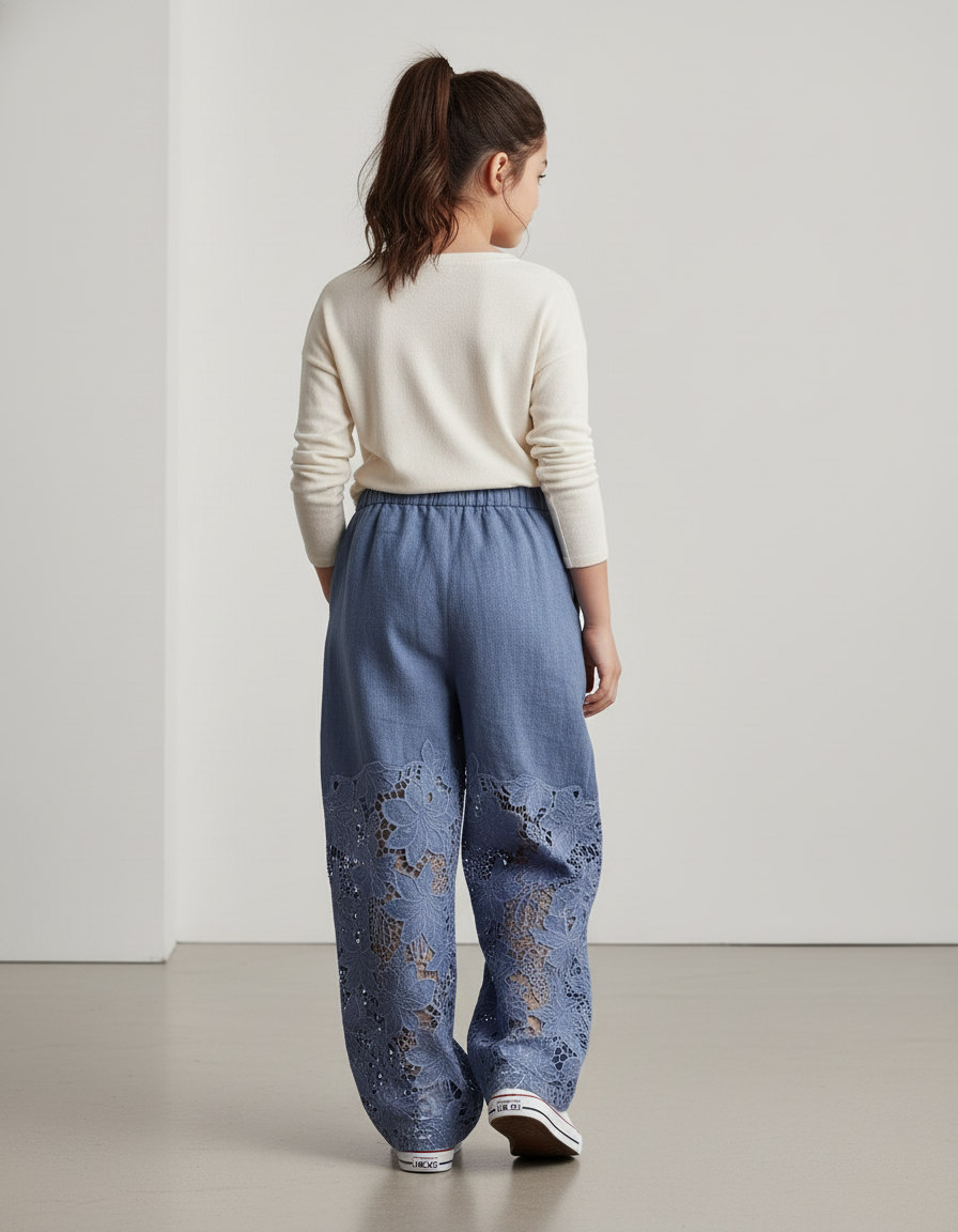 Pantalon Baggy Bleu Jean Dentelle Ample Enfant - Lin - vue 2