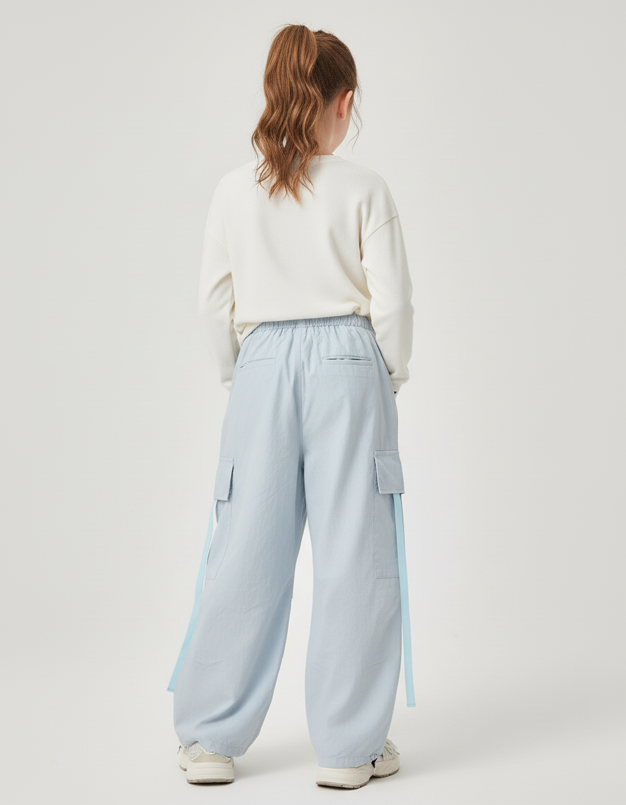 Pantalon Baggy Bleu Ciel Cargo Ample Fille Décontracté - Polyester - vue 2