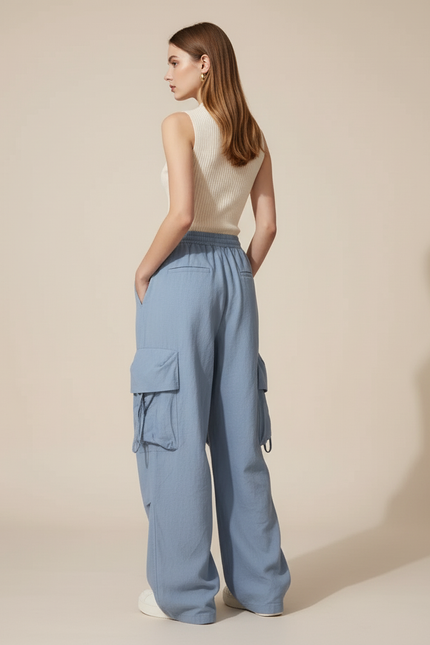 Pantalon Baggy Bleu Fluide Cargo Décontracté Femme - Viscose - vue 2