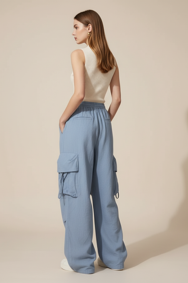 Pantalon Baggy Bleu Fluide Cargo Décontracté Femme - Viscose - vue 2
