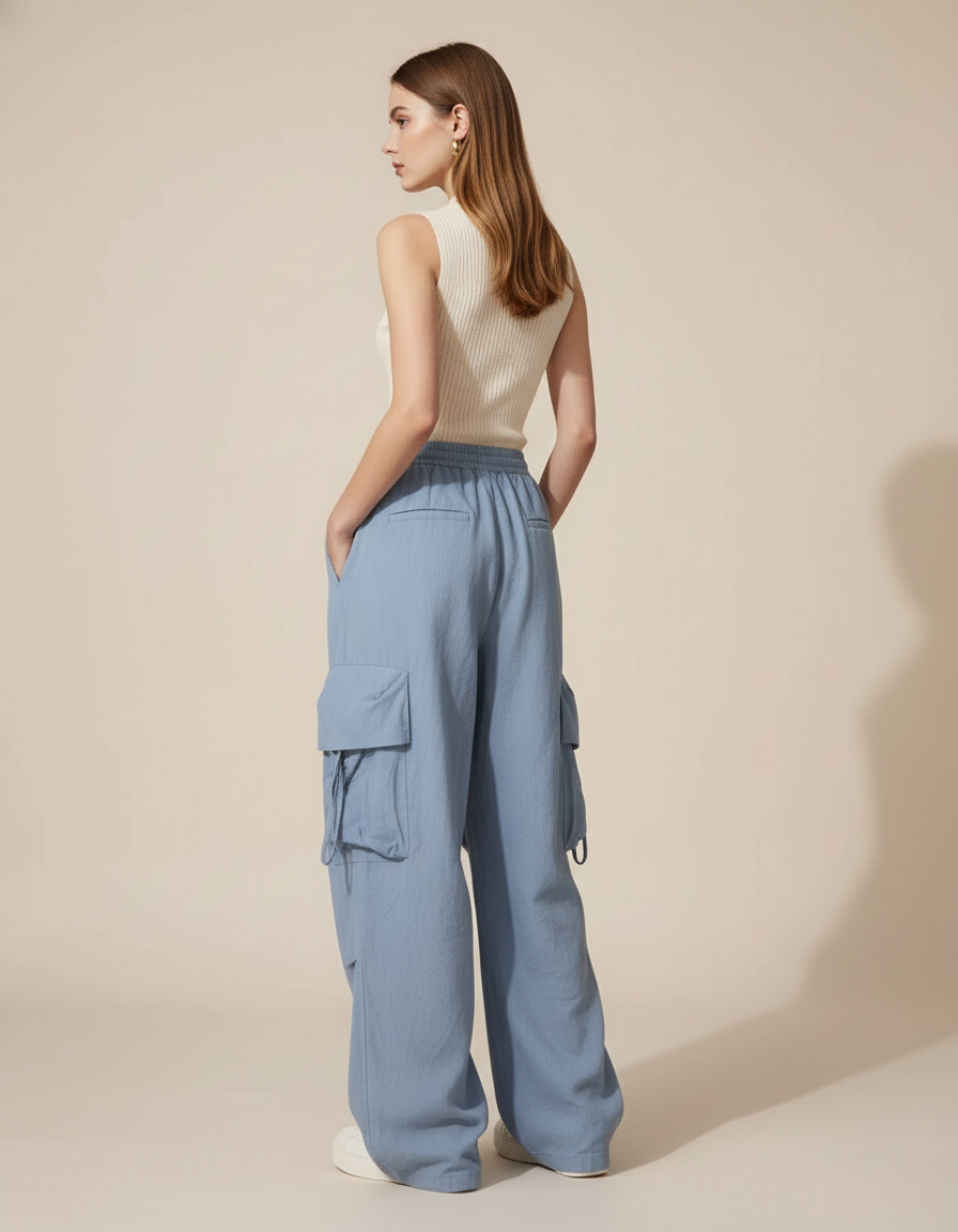 Pantalon Baggy Bleu Fluide Cargo Décontracté Femme - Viscose - vue 2