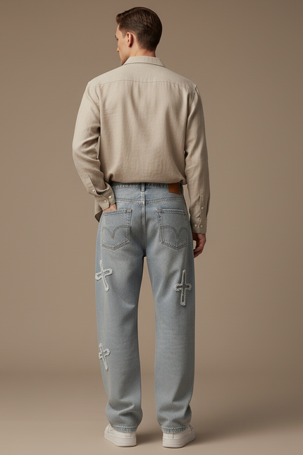 Pantalon Baggy Jean Bleu Délavé Croix Déchiré - vue 2