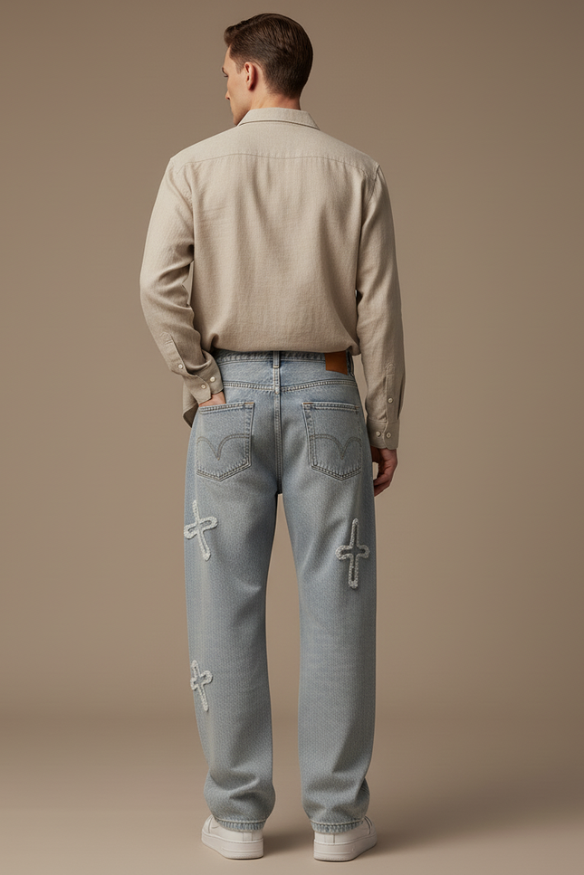 Pantalon Baggy Jean Bleu Délavé Croix Déchiré - vue 2
