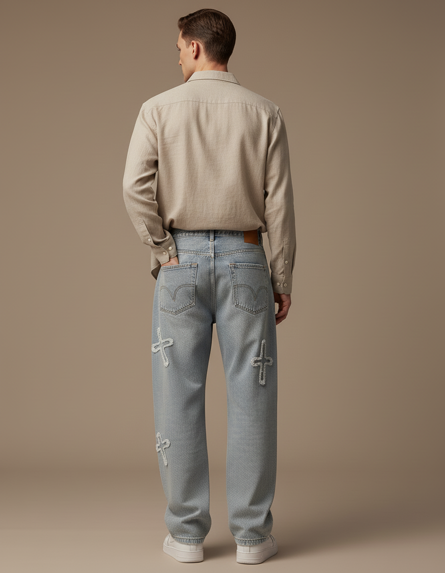 Pantalon Baggy Jean Bleu Délavé Croix Déchiré - vue 2