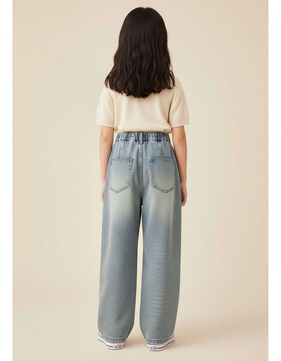 Pantalon Baggy Jean Denim Ample Nœuds Rouges Enfant - Bleu - vue 2