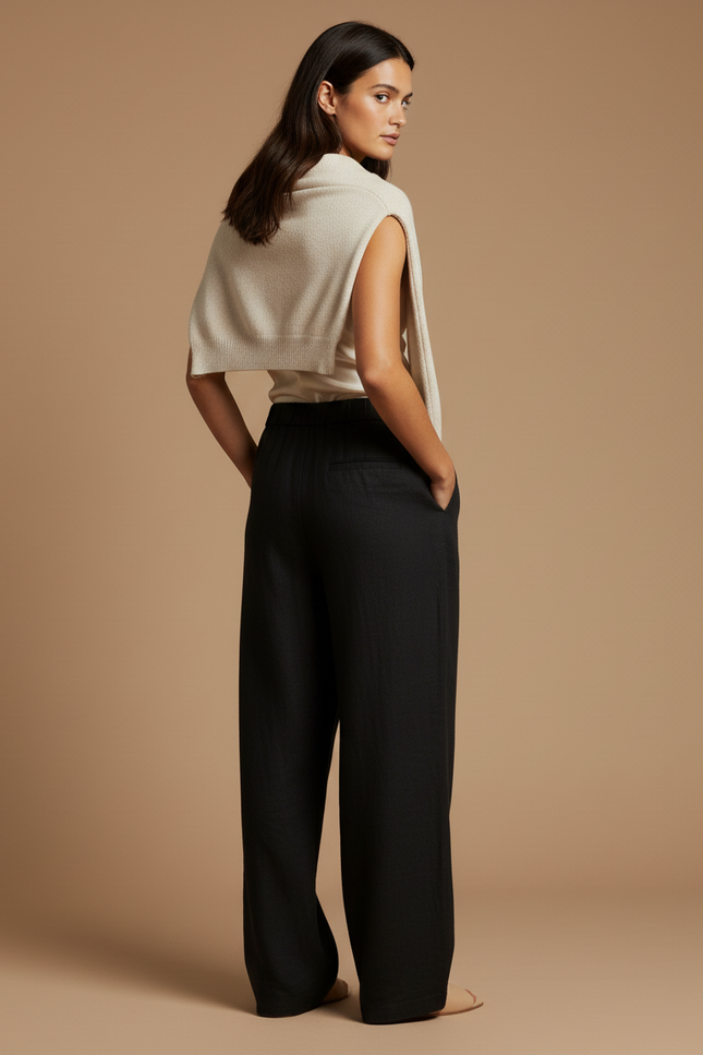 Pantalon Baggy Noir Lin Ample Élégant Femme - vue 2