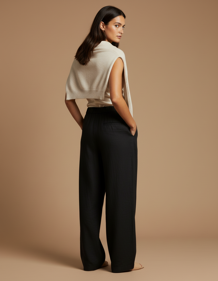 Pantalon Baggy Noir Lin Ample Élégant Femme - vue 2
