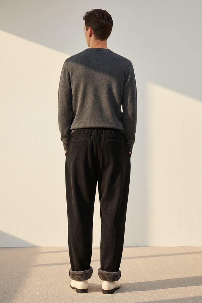 Pantalon Baggy Noir Côtelé Doublé Chaud Ample - Cordé - vue 2