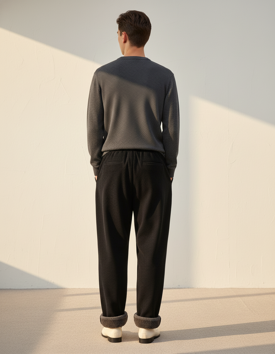 Pantalon Baggy Noir Côtelé Doublé Chaud Ample - Cordé - vue 2