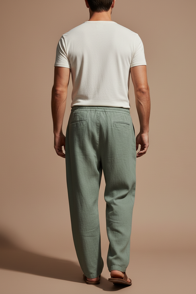 Pantalon Baggy Lin Vert Ample Décontracté Homme - vue 2