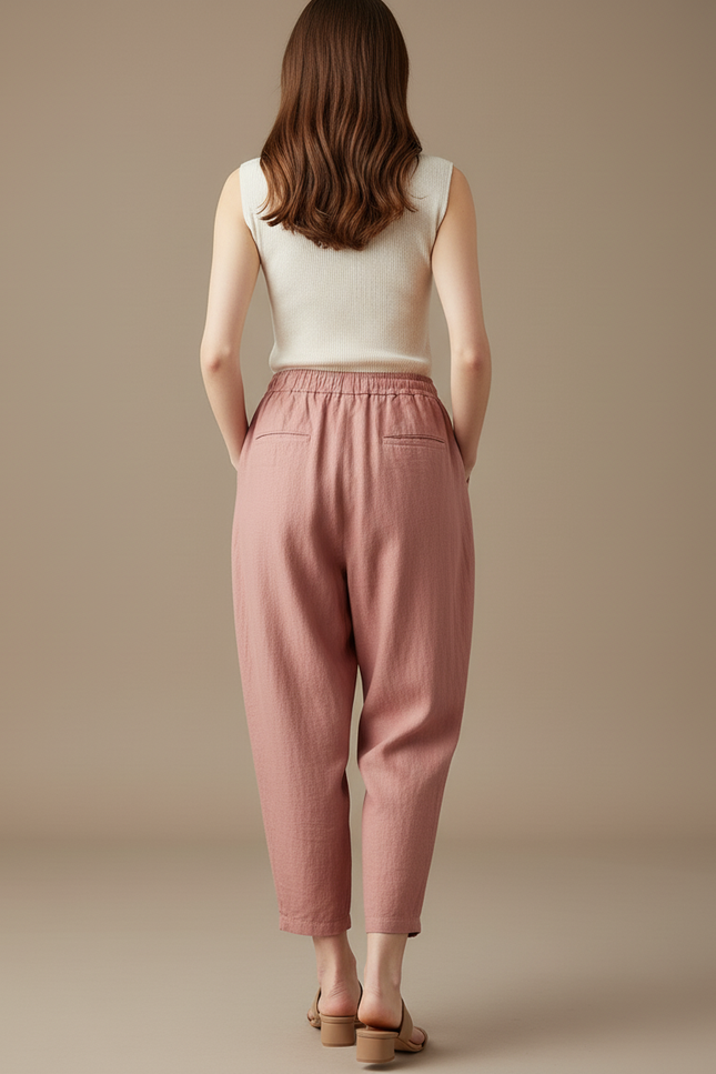Pantalon Baggy Rose Lin Ample Taille Haute Cordon - vue 2