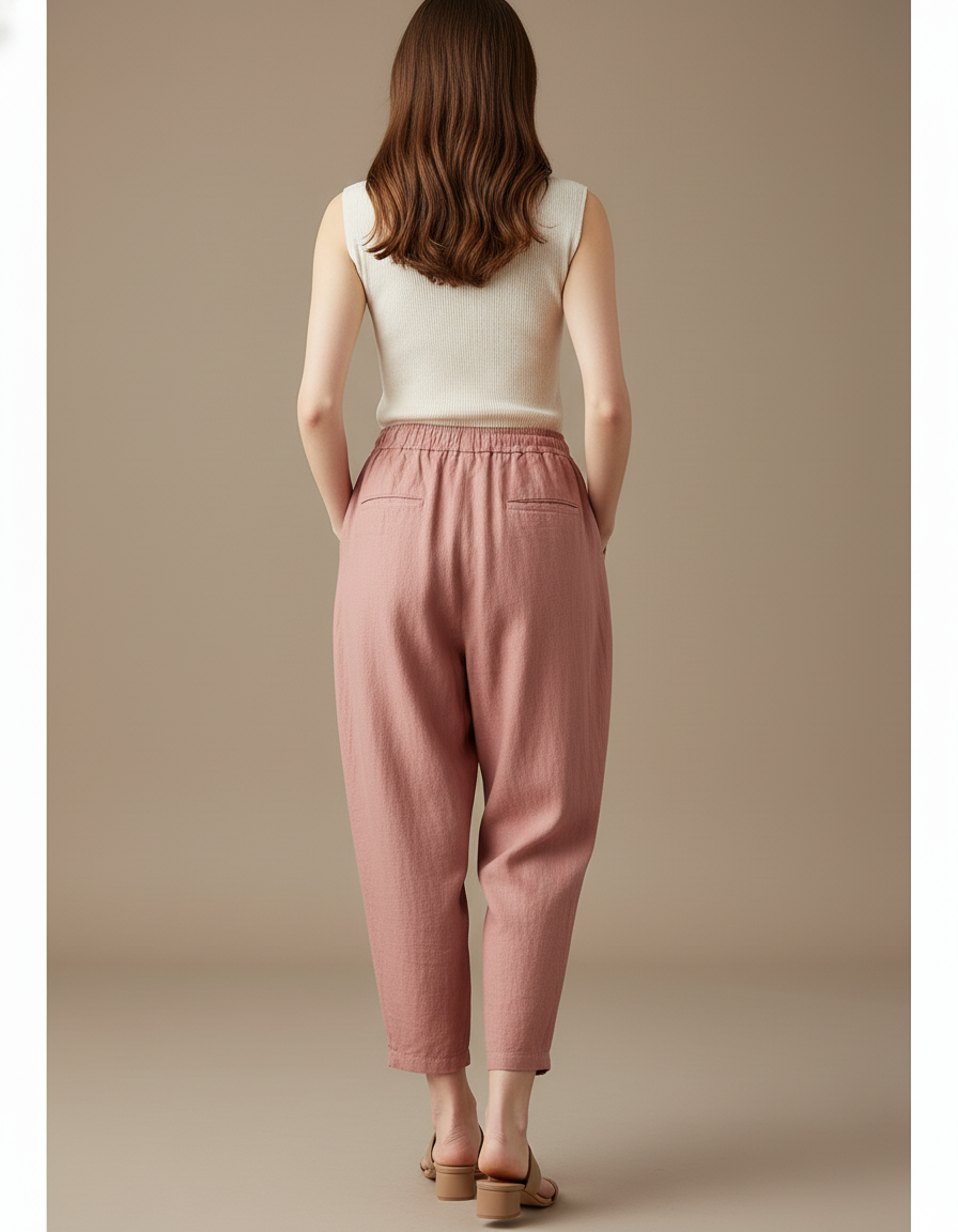 Pantalon Baggy Rose Lin Ample Taille Haute Cordon - vue 2