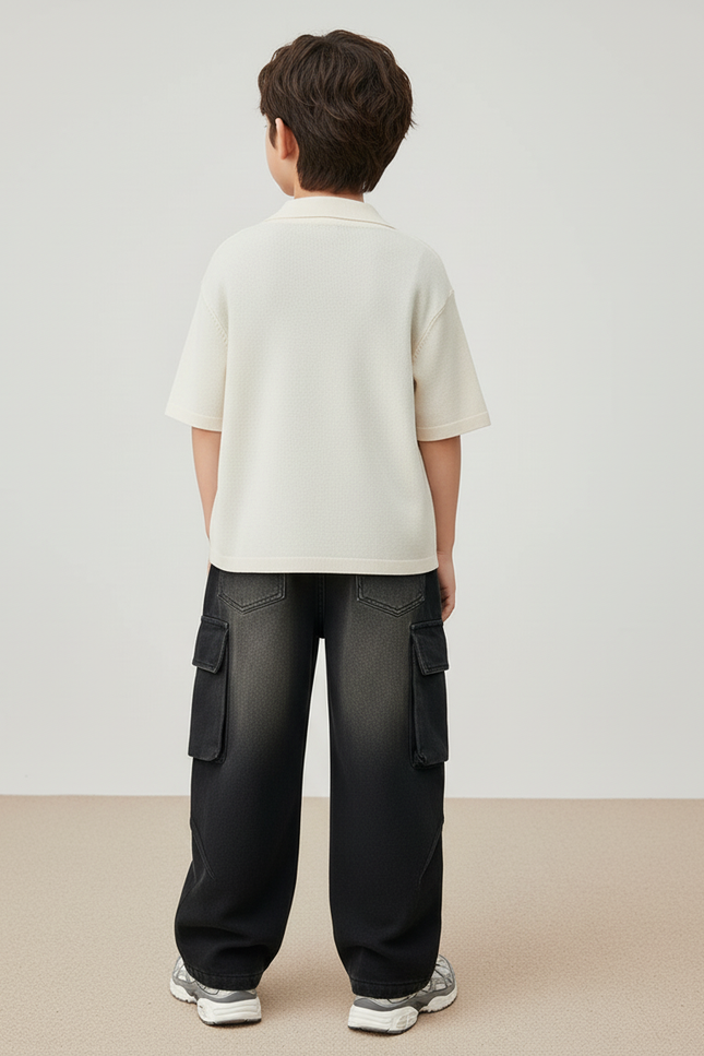 Pantalon Baggy Noir Délavé Ample Cargo Garçon Décontracté - Jean - vue 2