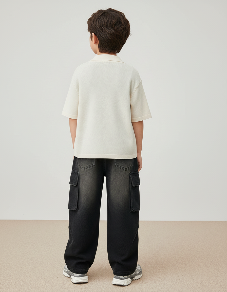 Pantalon Baggy Noir Délavé Ample Cargo Garçon Décontracté - Jean - vue 2