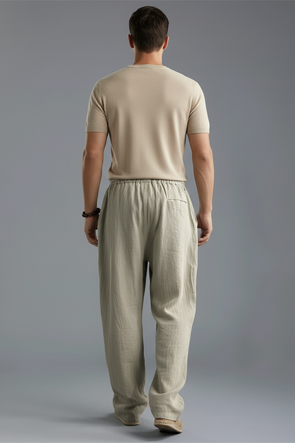 Pantalon Baggy Lin Coton Uni Décontracté Homme - Kaki - vue 2
