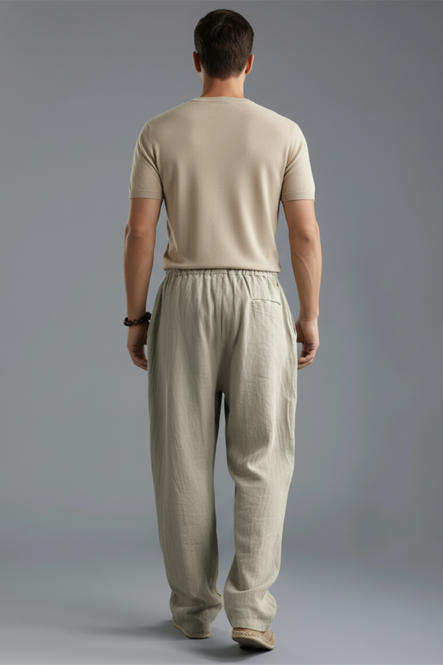 Pantalon Baggy Lin Coton Uni Décontracté Homme - Kaki - vue 2