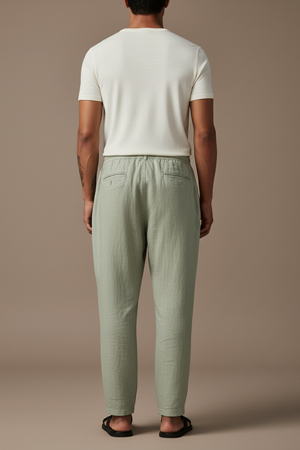 Pantalon Baggy Vert Menthe Lin Ample Cordon Décontracté - vue 2
