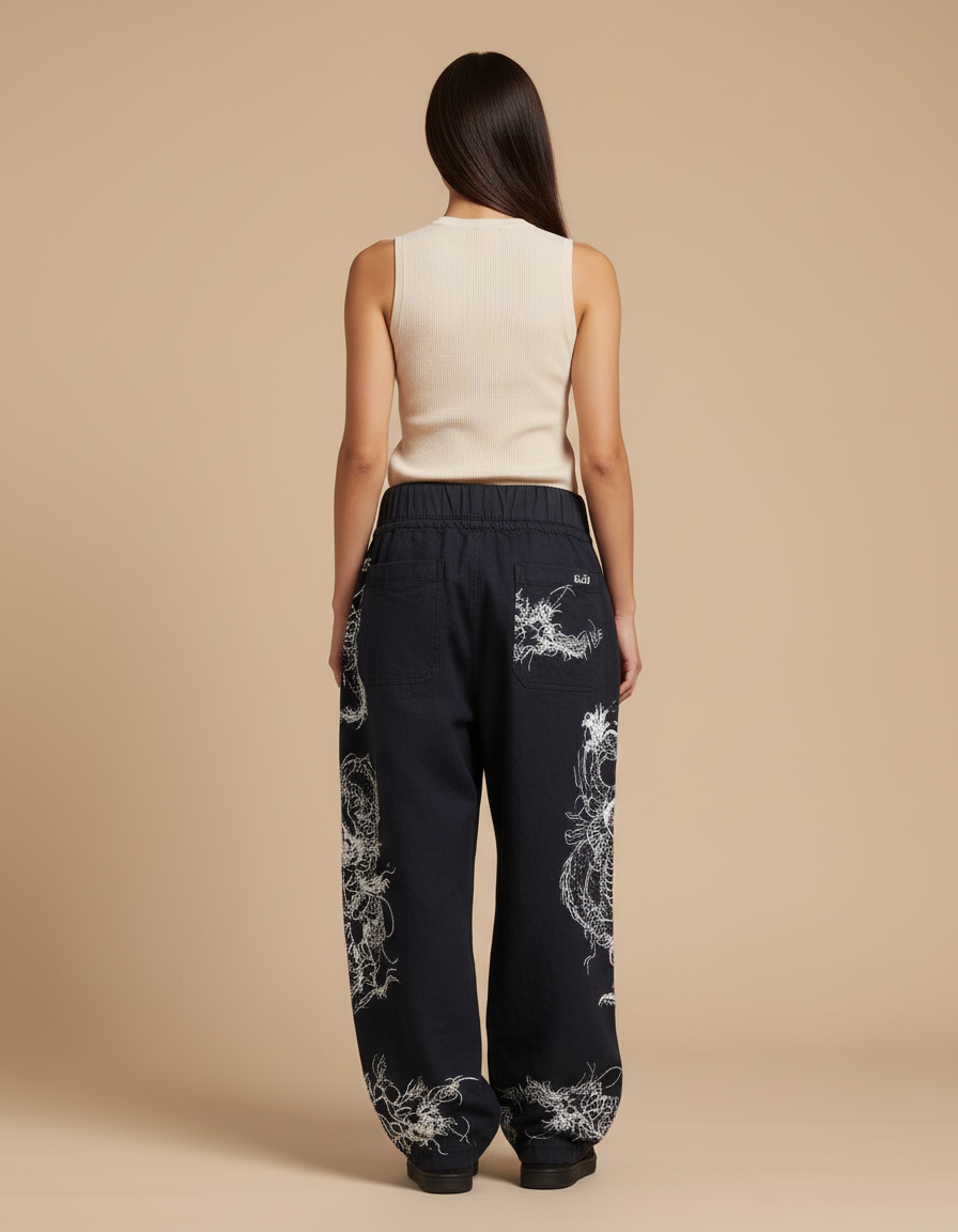Pantalon Baggy Noir Dragon Ample Streetwear - Toile - vue 2