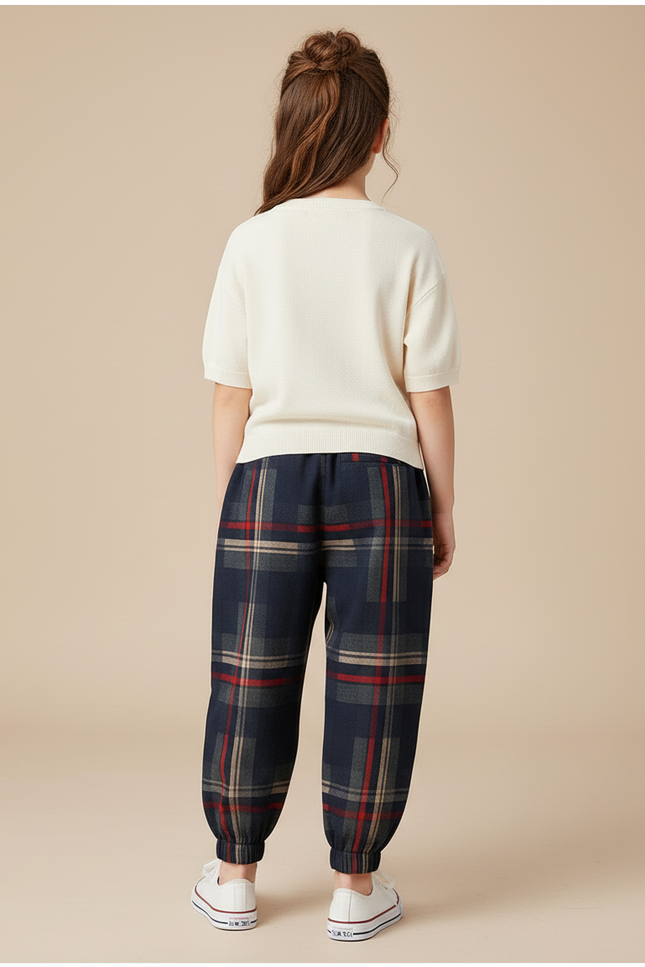 Pantalon Baggy Plaid Épais Ample Marine Rouge Enfant - Tweed - vue 2