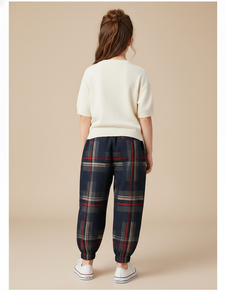 Pantalon Baggy Plaid Épais Ample Marine Rouge Enfant - Tweed - vue 2