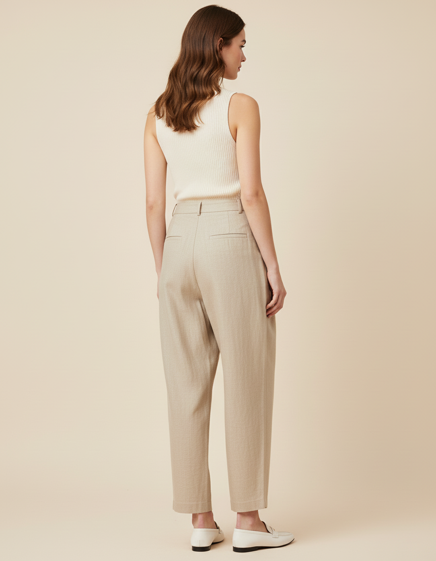 Pantalon Baggy Beige Lin Plissé Taille Haute Ample - vue 2