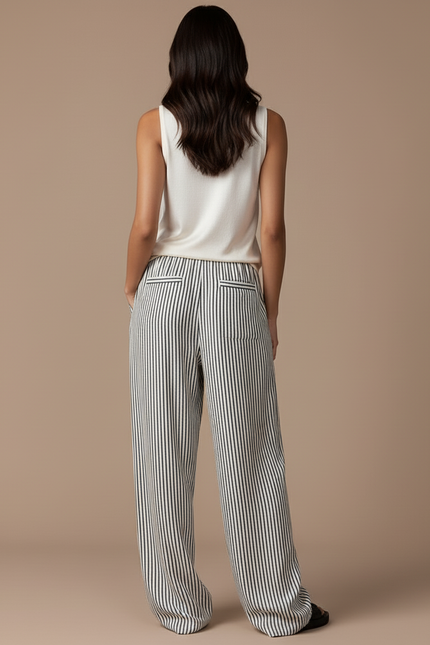 Pantalon Baggy Rayé Ample Fluide Cordon Femme - Imprimé Viscose - vue 2