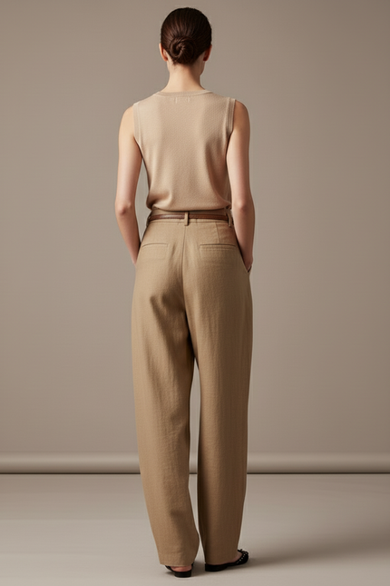 Pantalon Baggy Femme Beige Taille Haute - Camel Laine - vue 2