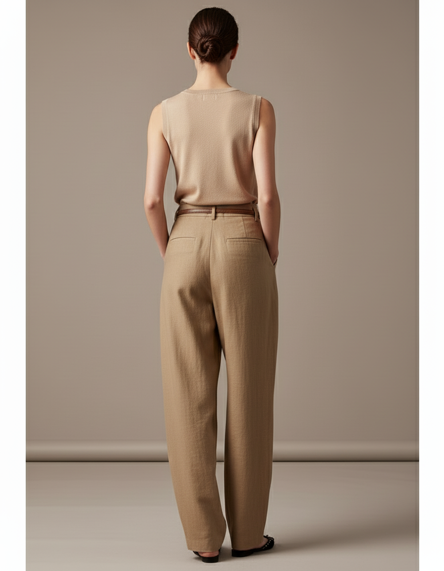 Pantalon Baggy Femme Beige Taille Haute - Camel Laine - vue 2