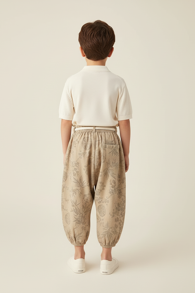 Pantalon Baggy Beige Lin Imprimé Floral Ample Enfant - vue 2