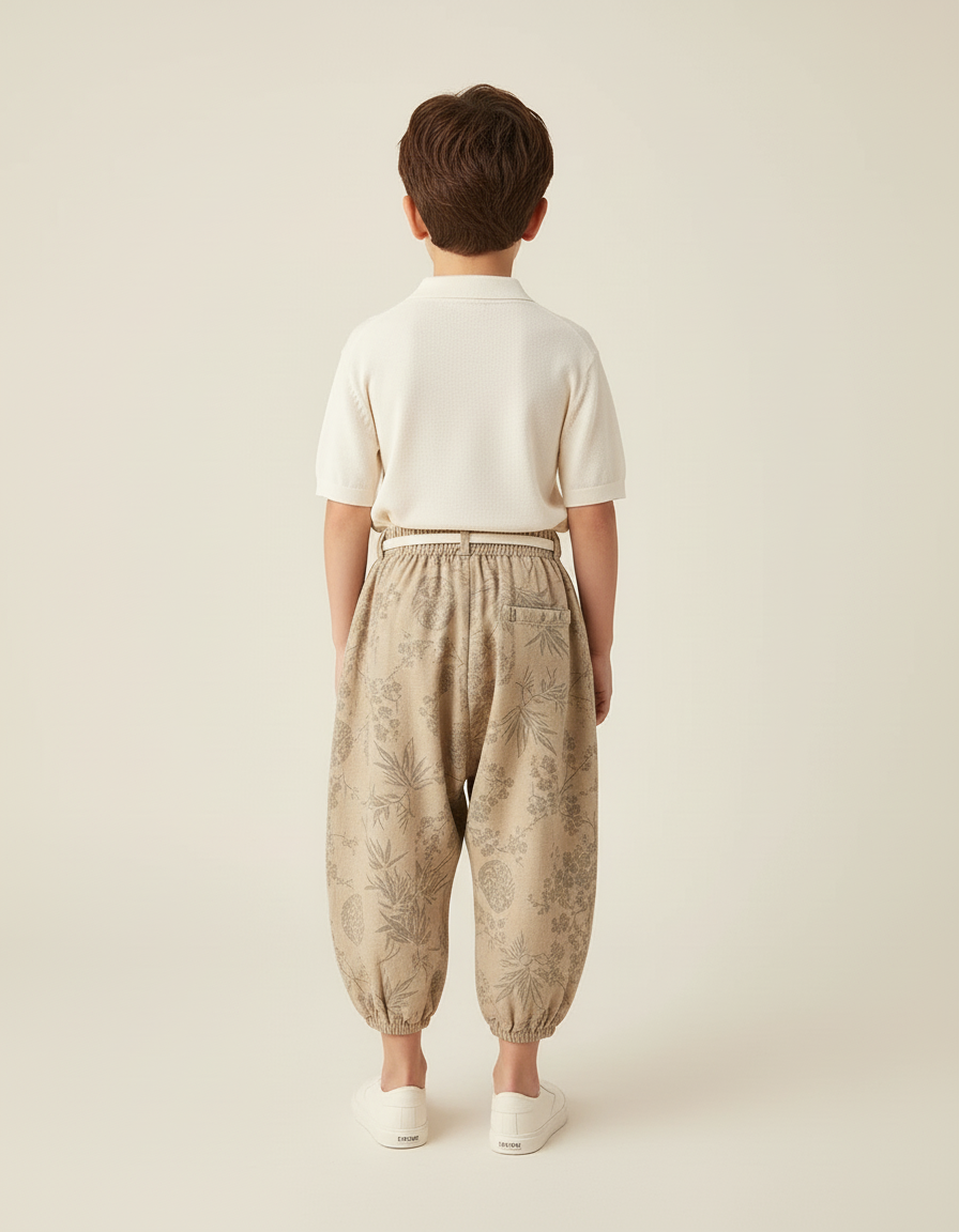 Pantalon Baggy Beige Lin Imprimé Floral Ample Enfant - vue 2