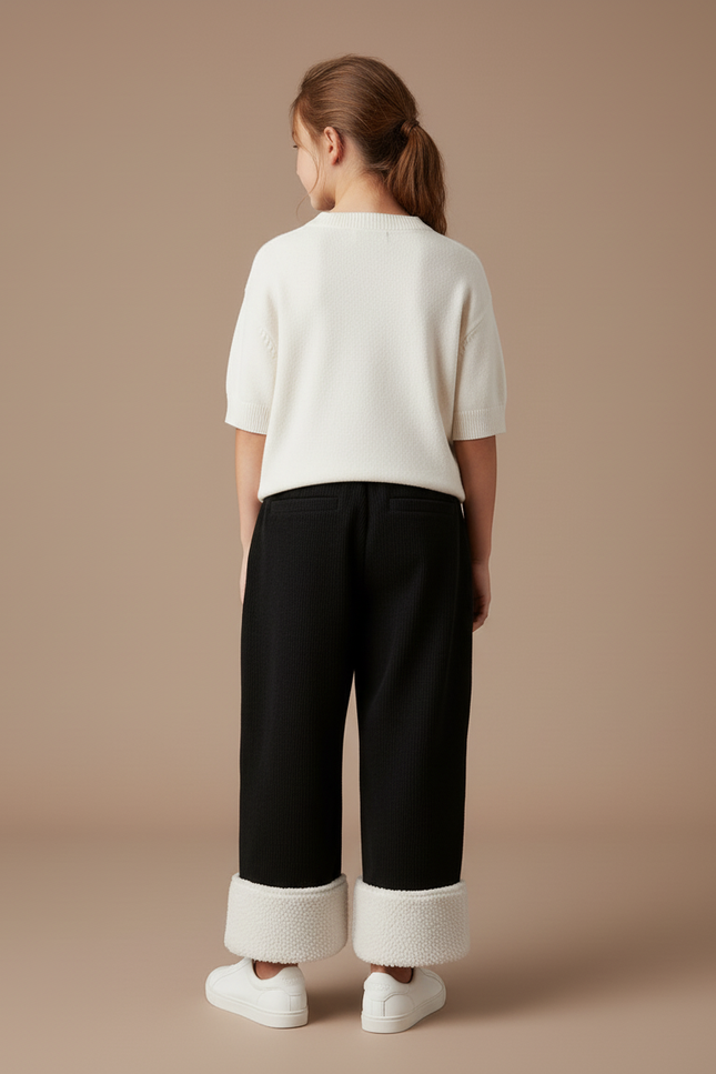 Pantalon Baggy Noir Velours Côtelé Doublé Sherpa Fille - Cordé - vue 2
