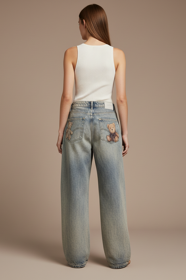 Pantalon Baggy Jean Délavé Ample Oursons Mignons - Bleu - vue 2