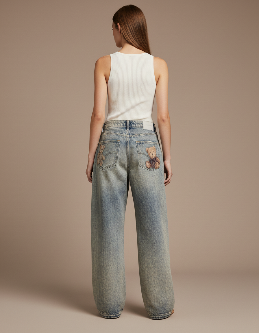 Pantalon Baggy Jean Délavé Ample Oursons Mignons - Bleu - vue 2