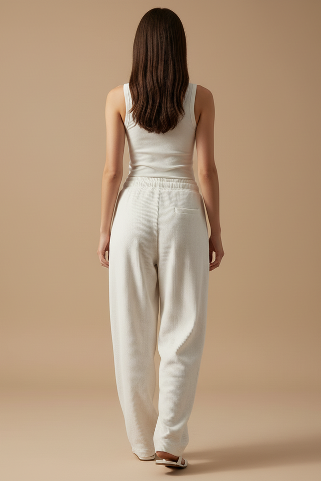 Pantalon Baggy Crème Côtelé Ample Brodé Décontracté - Beige Cordé - vue 2