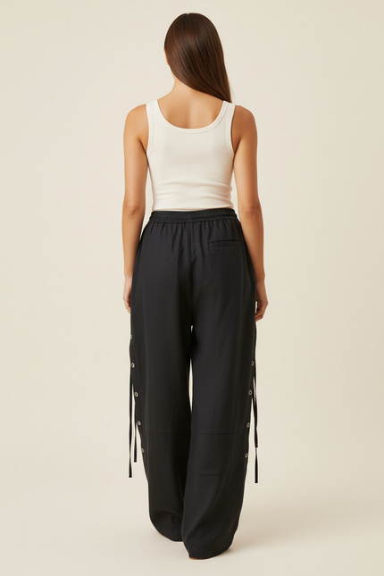 Pantalon Baggy Noir Lin Ample Boutons Décontracté - vue 2