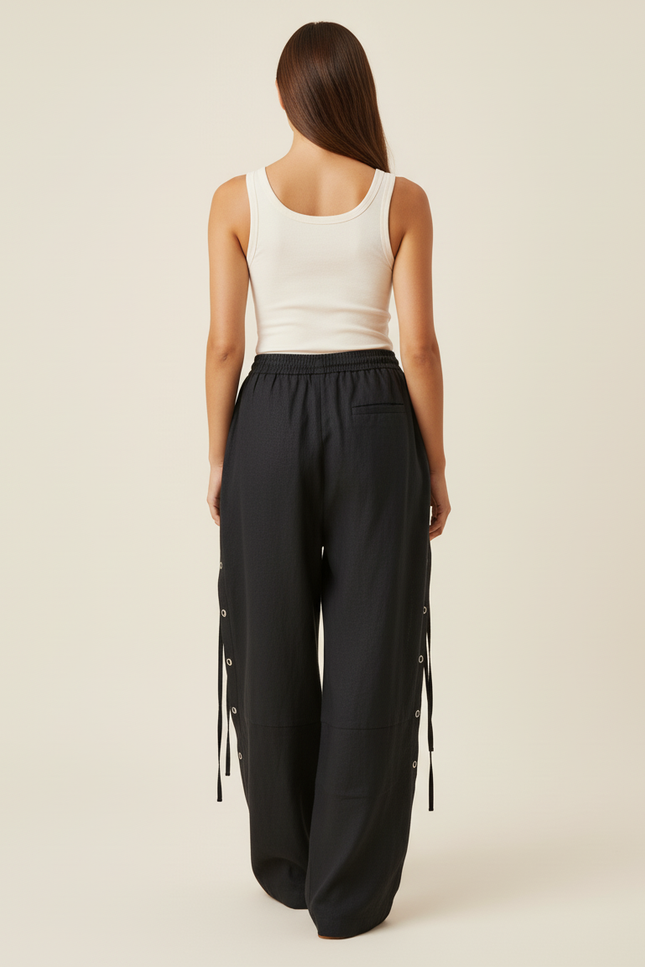 Pantalon Baggy Noir Lin Ample Boutons Décontracté - vue 2