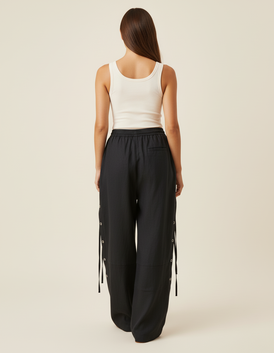 Pantalon Baggy Noir Lin Ample Boutons Décontracté - vue 2