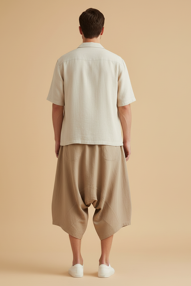 Pantalon Baggy Lin Ample Décontracté Homme Beige - vue 2