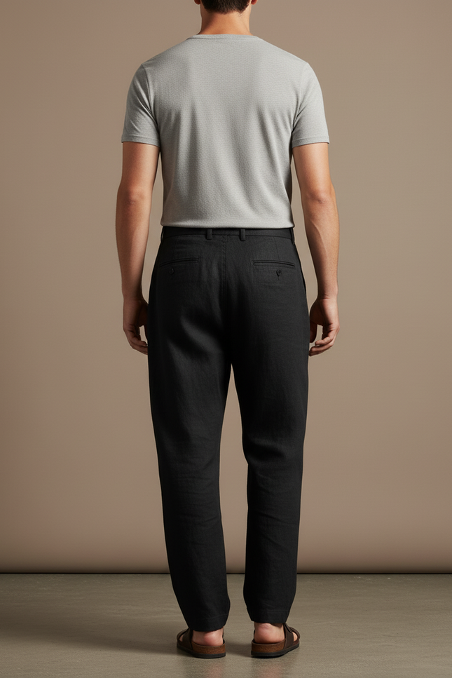 Pantalon Baggy Noir Lin Plissé Large Décontracté Homme - vue 2