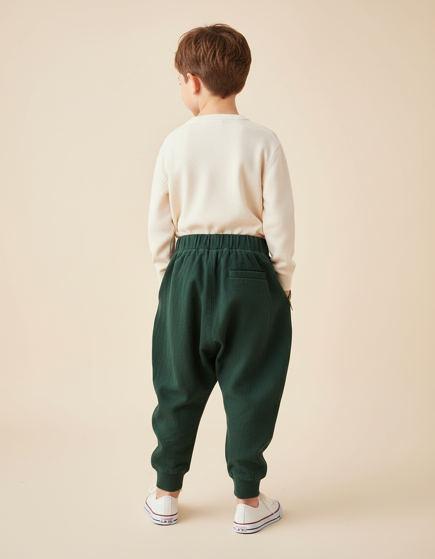 Pantalon Baggy Vert Ample Coton Enfant Décontracté - Toile - vue 2