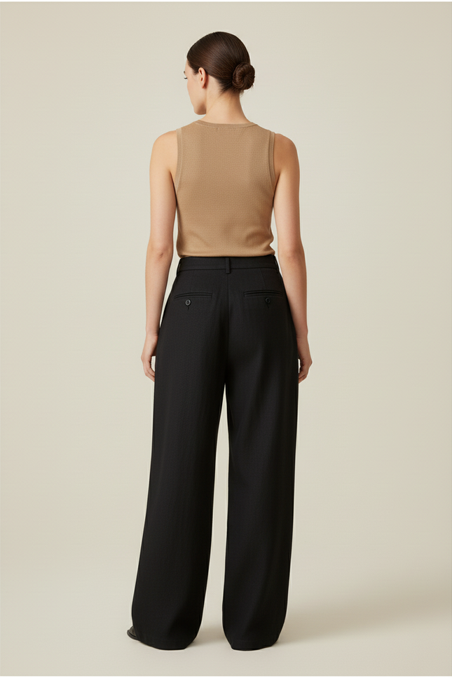 Pantalon Baggy Noir Ample Taille Haute Élégant - Laine - vue 2