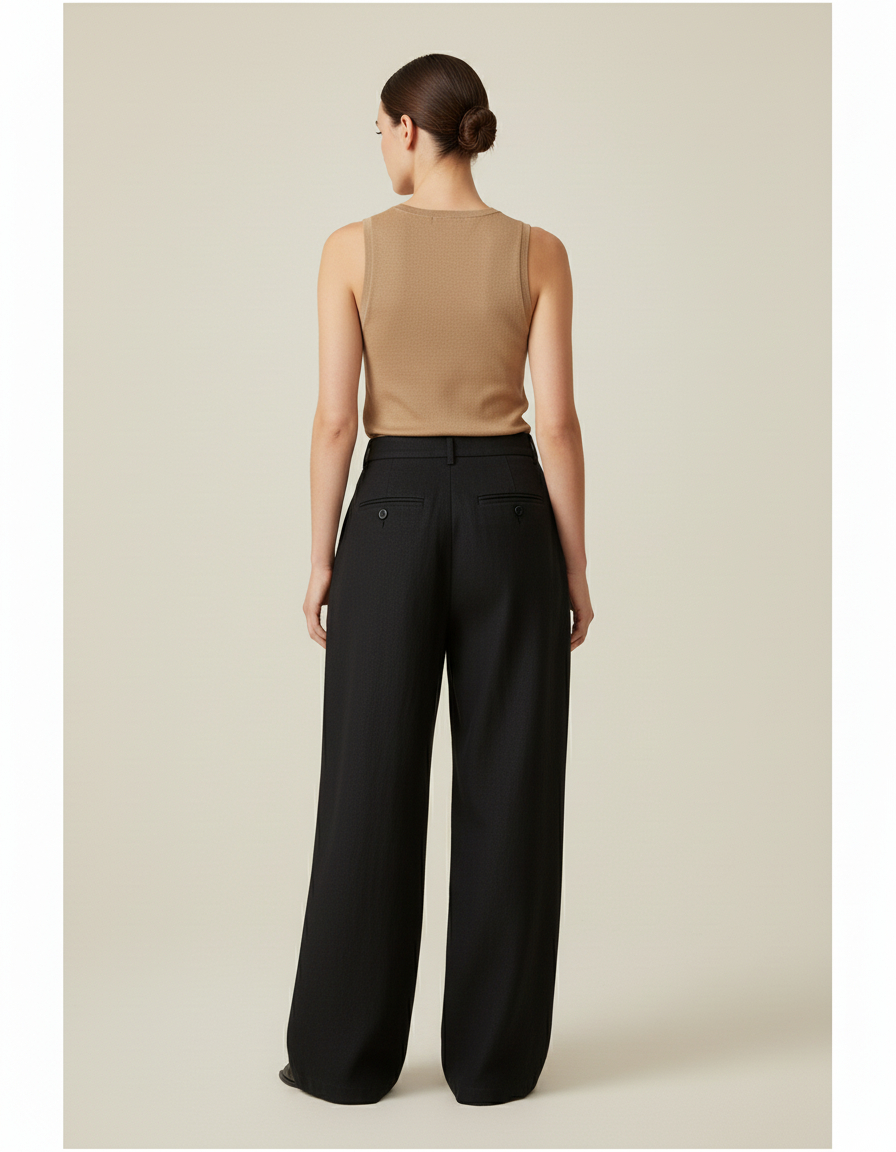 Pantalon Baggy Noir Ample Taille Haute Élégant - Laine - vue 2
