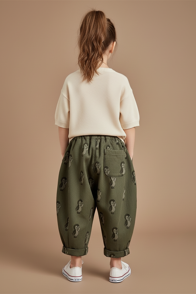 Pantalon Baggy Vert Ample Motif Pingouin Confortable - Kaki Molleton - vue 2