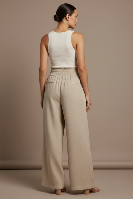 Pantalon Baggy Beige Lin Fluide Taille Haute Élégant - vue 2