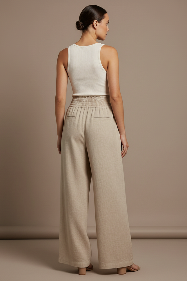 Pantalon Baggy Beige Lin Fluide Taille Haute Élégant - vue 2